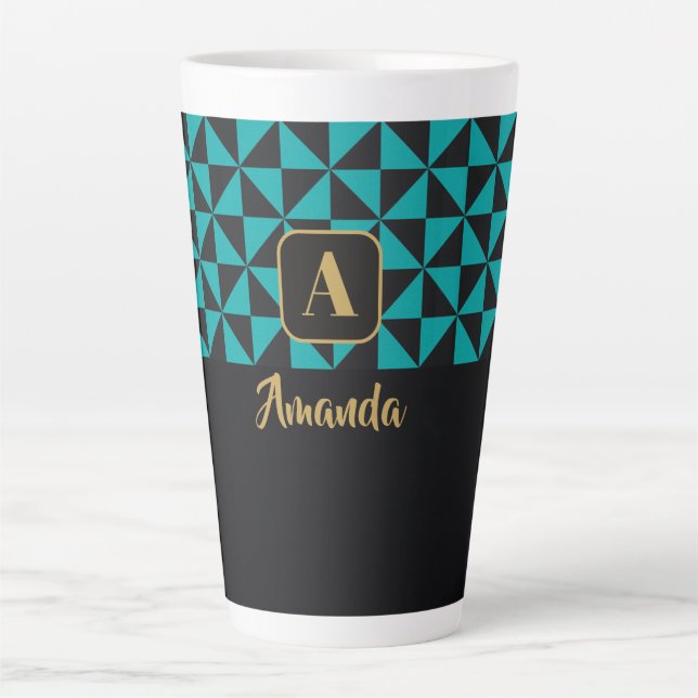 Taza De Café Latte Duo Geo Black & Verde azulado Custom Names (Anverso)
