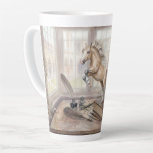 Taza De Café Latte El caballo erudito saltando de un libro