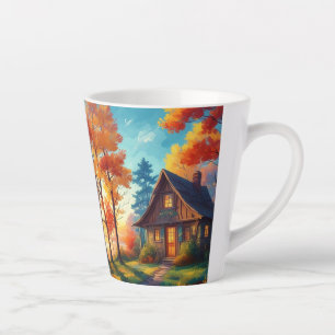 Taza De Café Latte El paisaje natural con una cabaña en el bosque
