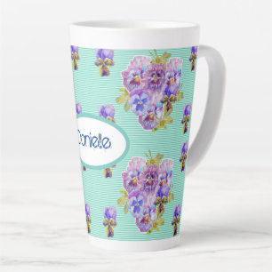 Taza De Café Latte El Shabby Chic Turquoise Aqua Pansy floral Latte M