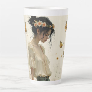 Taza De Café Latte Elegancia suave en un baile de mariposas