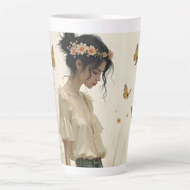 Taza De Café Latte Elegancia suave en una danza de mariposa (Anverso)