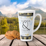 Taza De Café Latte Elegant 18th Porcelain Wedding Anniversary<br><div class="desc">Celebrate the 18th wedding anniversary with this commemorative latte mug. Elegant black serif lettering with gold-dusted hexagonal confetti on a white and porcelain blue marbled background edged by black bars add a memorable touch for this special occasion and milestone. Customize with the happy couple's names, and add dates and/or personalized...</div>