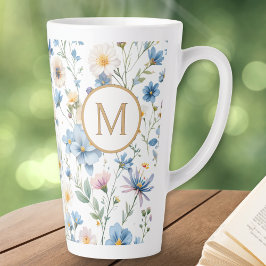Taza De Café Latte Elegant Blue Wildflower Pattern Botanical Monogram