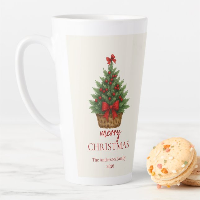 Taza De Café Latte Elegant Christmas Tree – Red Ribbon  (In situ)