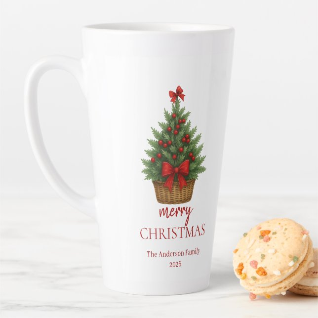 Taza De Café Latte Elegant Christmas Tree – Red Ribbon  (In situ)