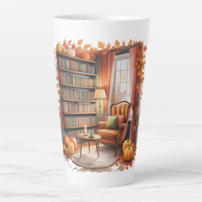 Taza De Café Latte Elegant Fall Bookshelf Tasses — Cozy Curtain (Anverso)