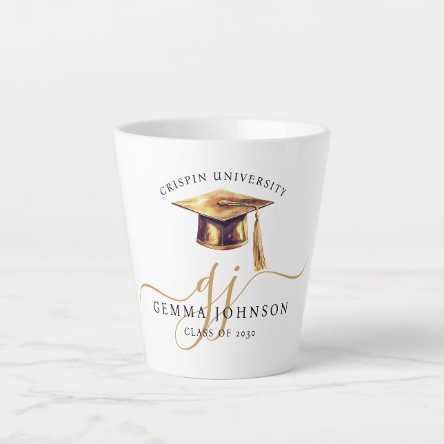 Taza De Café Latte Elegant Gold Script Monogram Graduation (Anverso)