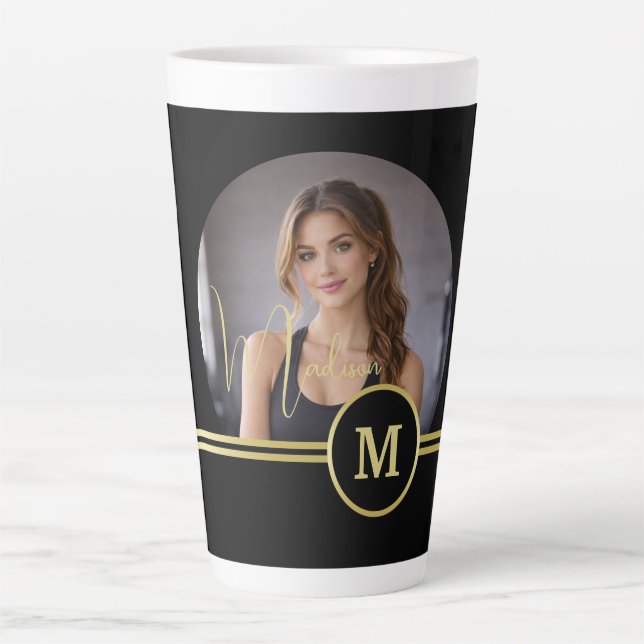 Taza De Café Latte Elegant Gold Signature Monogram with Photo (Anverso)