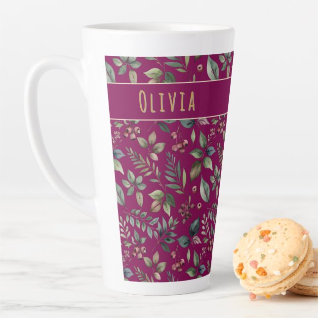 Taza De Café Latte Elegant Winter Leaves & Berries Burgundy Custom (In situ)