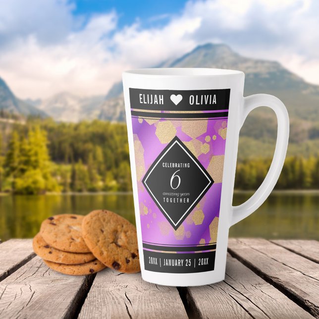 Taza De Café Latte Elegante 6º Aniversario del Boda Ametista (Elegant 6th Amethyst Wedding Anniversary Tall Latte Mug Cover Photo.)