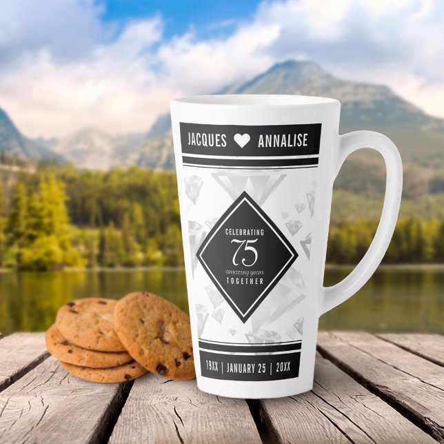 Taza De Café Latte Elegante 75° Aniversario del Boda del Diamante (75th Diamond Wedding Anniversary Tall Latte Mug Cover Photo.)