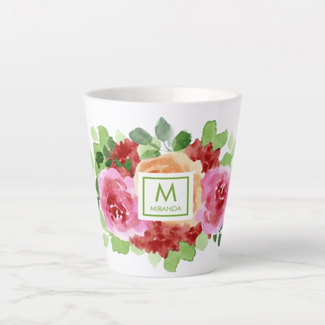 Taza De Café Latte Elegante acuarela Floral Bouquet Monograma (Anverso)