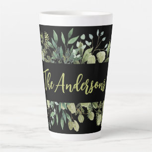 Taza De Café Latte Elegante apellido de hojas botánicas ramas negro