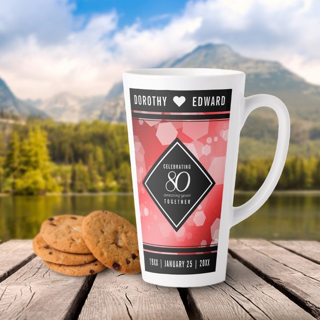 Taza De Café Latte Elegante celebración del 80° Aniversario del Boda  (Elegant 80th Ruby Wedding Anniversary Tall Latte Mug Cover Photo.)