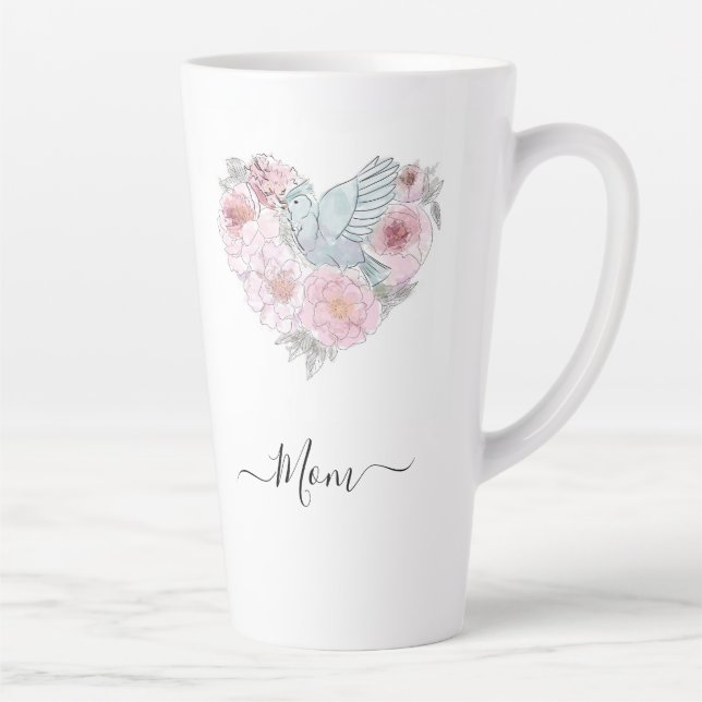 Taza De Café Latte Elegante Corazón Botánico Verde Flower Rosa  (Derecha)