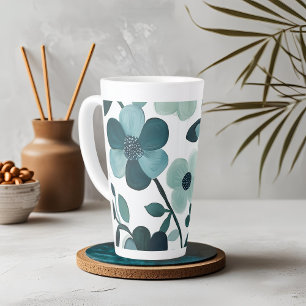 Taza De Café Latte Elegante Diseño de Mug de Patrón Floral de Blue Aq
