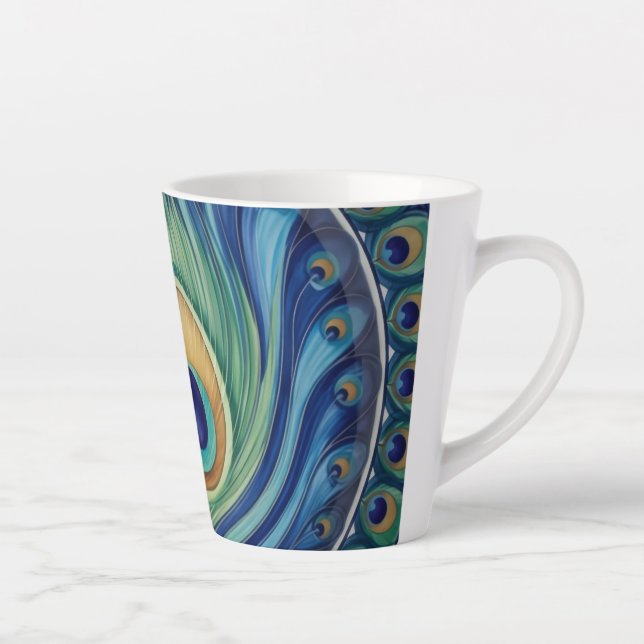 Taza De Café Latte Elegante Feather Peacock Mandala (Derecha)