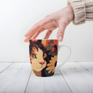 Taza De Café Latte Elegante gato calico en jardín floral