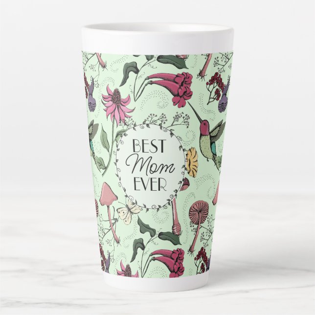 Taza De Café Latte Elegante Green Mejor Mamá Jamás Hummingbird & Flor (Anverso)