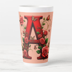 Taza De Café Latte Elegante letra roja A con rosas y mariposa