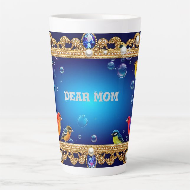 Taza De Café Latte Elegante marco ornado con pájaros vibrantes (Anverso)