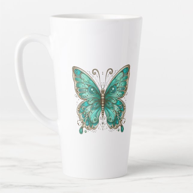 Taza De Café Latte Elegante mariposa turquesa grande (Izquierda)