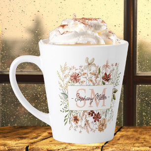 Taza De Café Latte Elegante Monograma Acuarela Floral de Flores Silve