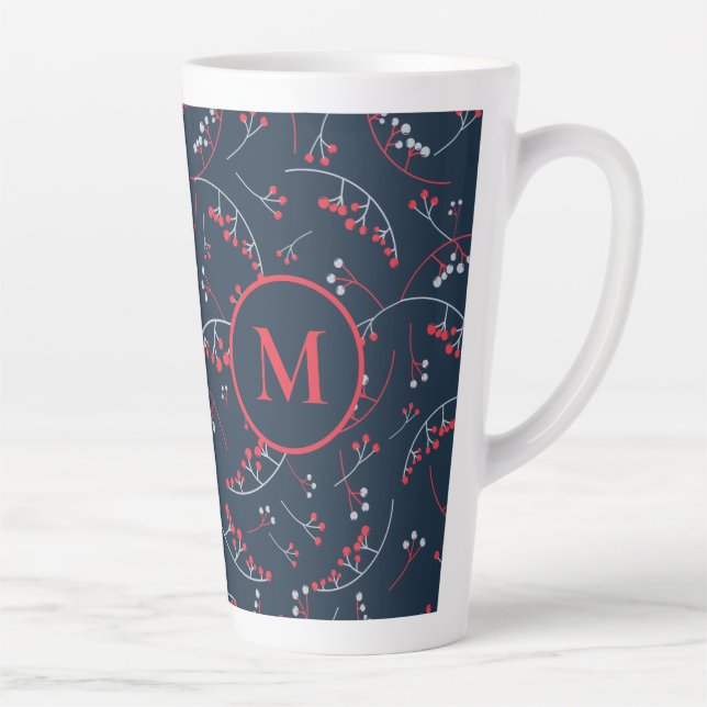 Taza De Café Latte Elegante monograma azul marino rojo berry patrón (Derecha)