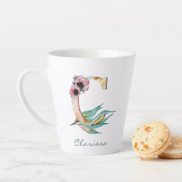 Taza De Café Latte Elegante Monograma de floral C de color de agua Ru