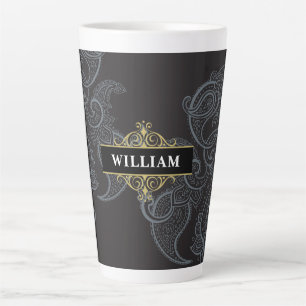 Taza De Café Latte Elegante Monograma de Paisley en Oro Negro