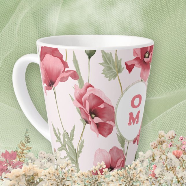 Taza De Café Latte Elegante Monograma Feminiano Flor silvestre Adormi (Elegant Feminine Monogram Wildflower Pink Poppy Latte Mug ©Susanne Sachers - Sunny Mind 🌞)