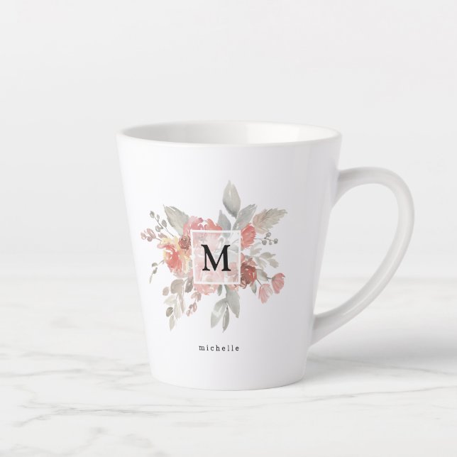 Taza De Café Latte Elegante Monograma Floral Rosa Rubor (Derecha)