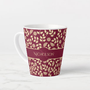 Taza De Café Latte Elegante Monograma Leaf Daisy Patrón Borgoña