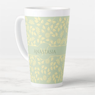Taza De Café Latte Elegante Monograma Patrón hoja Pastel Verde