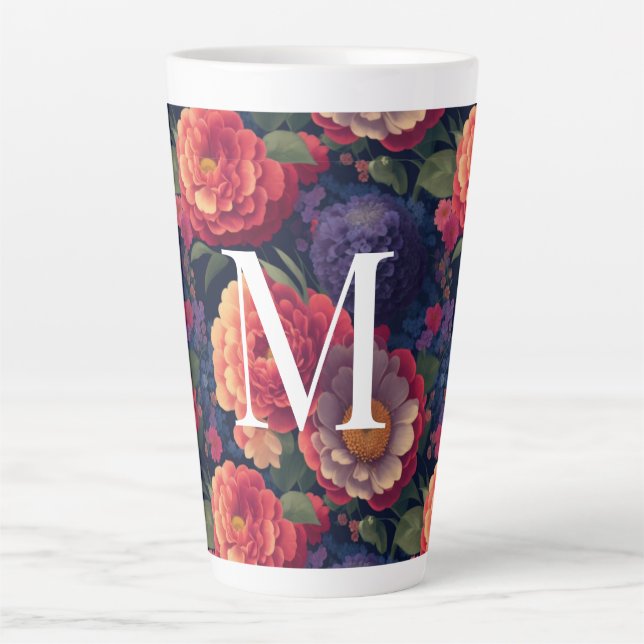 Taza De Café Latte Elegante monograma romántico floral naranja rojo (Anverso)