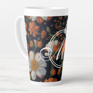 Taza De Café Latte Elegante moody Naranja flor retro elegante blanco