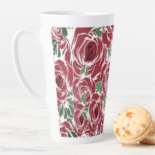 Taza De Café Latte Elegante patrón de Rosa Vintage - Floral roja y ve