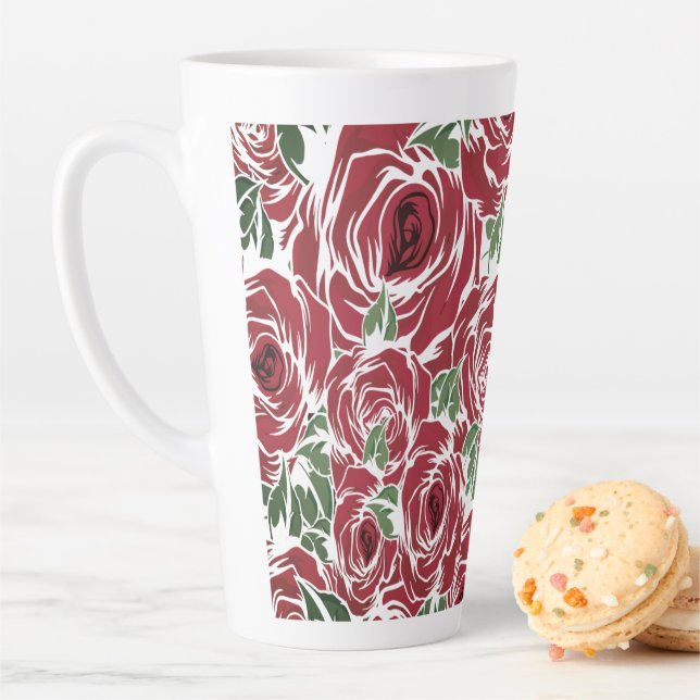 Taza De Café Latte Elegante patrón de Rosa Vintage - Floral roja y ve (In situ)