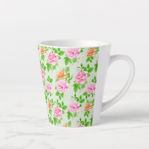 Taza De Café Latte Elegante patrón floral de rosas hojas verdes-23675