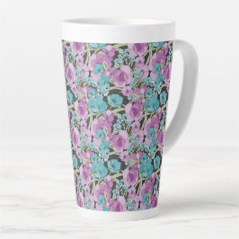 Taza De Café Latte Elegante patrón floral Púrpura Púrpura Negro Backg
