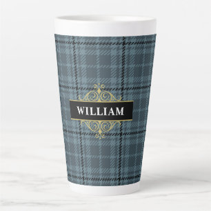 Taza De Café Latte Elegante Plaid de Monograma Negro y Dorado Gris
