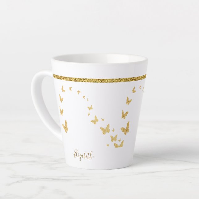 Taza De Café Latte Elegante Purpurina dorado Monograma Nombre (Ángulo izquierdo)