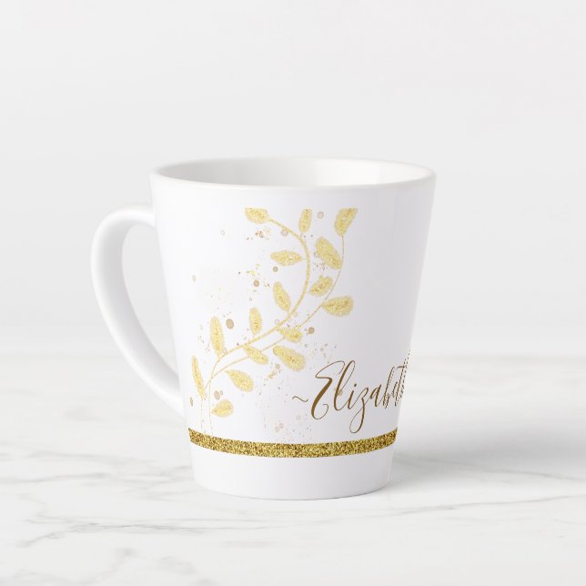 Taza De Café Latte Elegante Purpurina dorado Monograma Nombre (Ángulo izquierdo)
