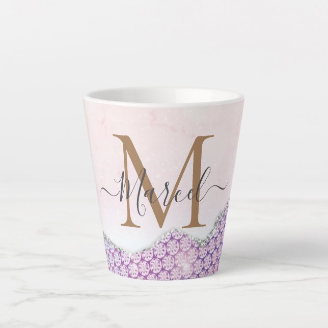Taza De Café Latte Elegante Purpurina rosa Rosa Monograma (Anverso)