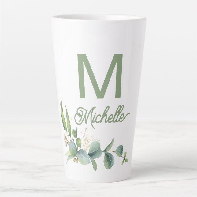 Taza De Café Latte Elegante verde Monograma Nombre personalizado y in (Anverso)