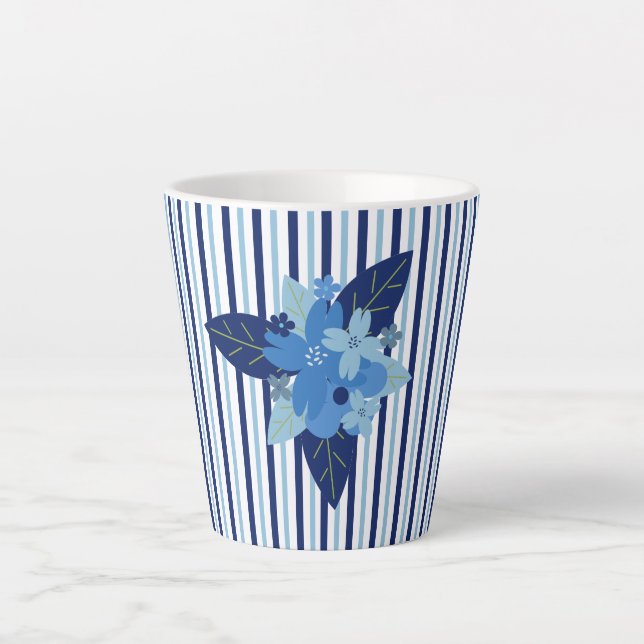 Taza De Café Latte Elegantes rayas florales monocromáticas azul (Anverso)