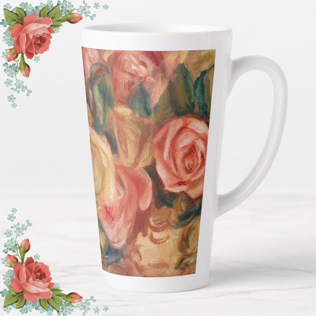 Taza De Café Latte Elegantes Rosas de Renoir con café amarillo rosado (This elegant pink and yellow roses latte mug will instantly add cheer + style to your coffee routine)