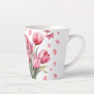Taza De Café Latte Elegantes tulipanes de acuarela mariposas pétalos