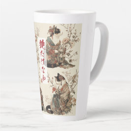 Taza De Café Latte "En plena floración" Gato japonés en arte de kimon